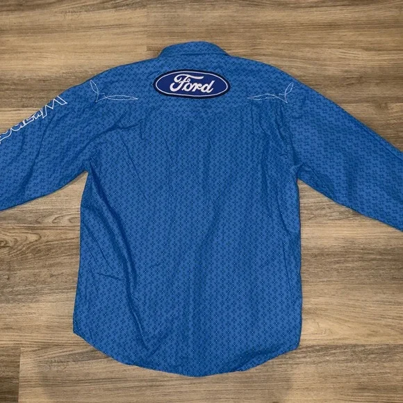 Wrangler® Ford Logo Blue Print Long Sleeve Button Down Shirt MP2295M Men's Large - Picture 12 of 12